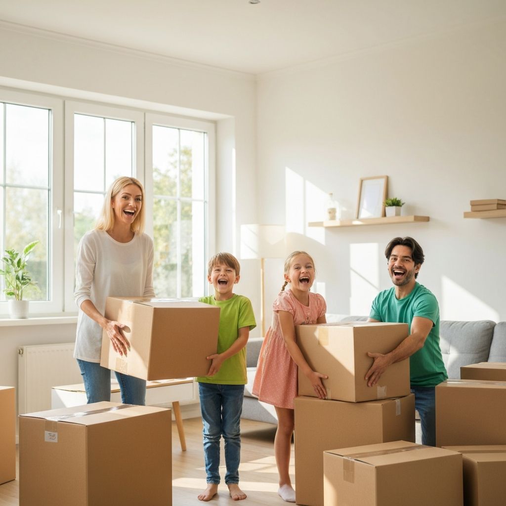 Glückliche Familie beim Auspacken im neuen Zuhause